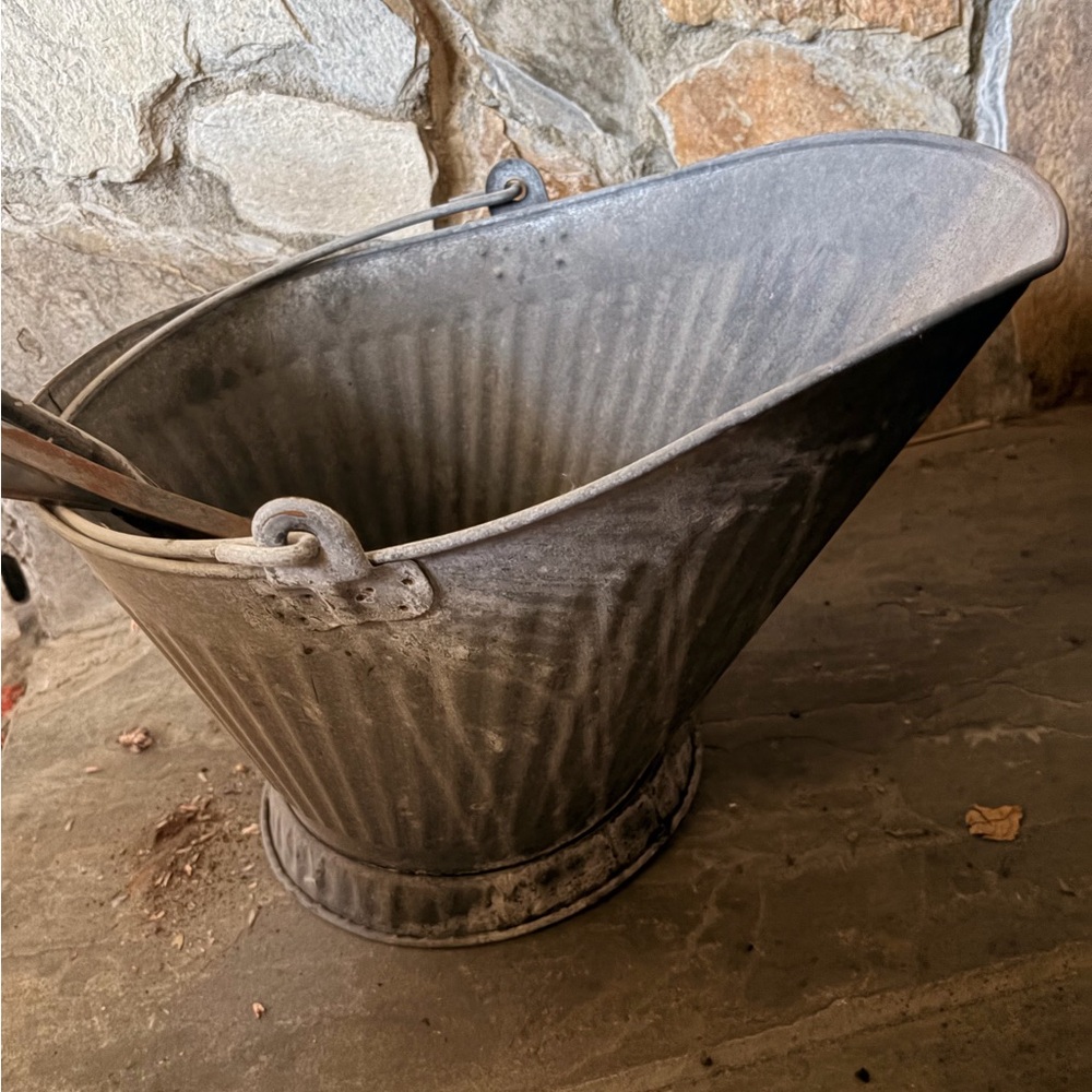 Vintage Metal Coal Scuttle Bucket and tools